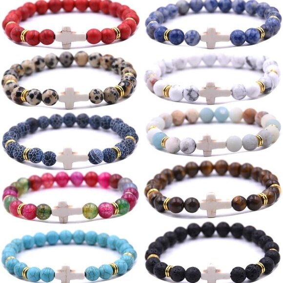 Jewelry - Beaded Cross Bracelets Natural Stone 8mm for Women Men Healing Anxiety